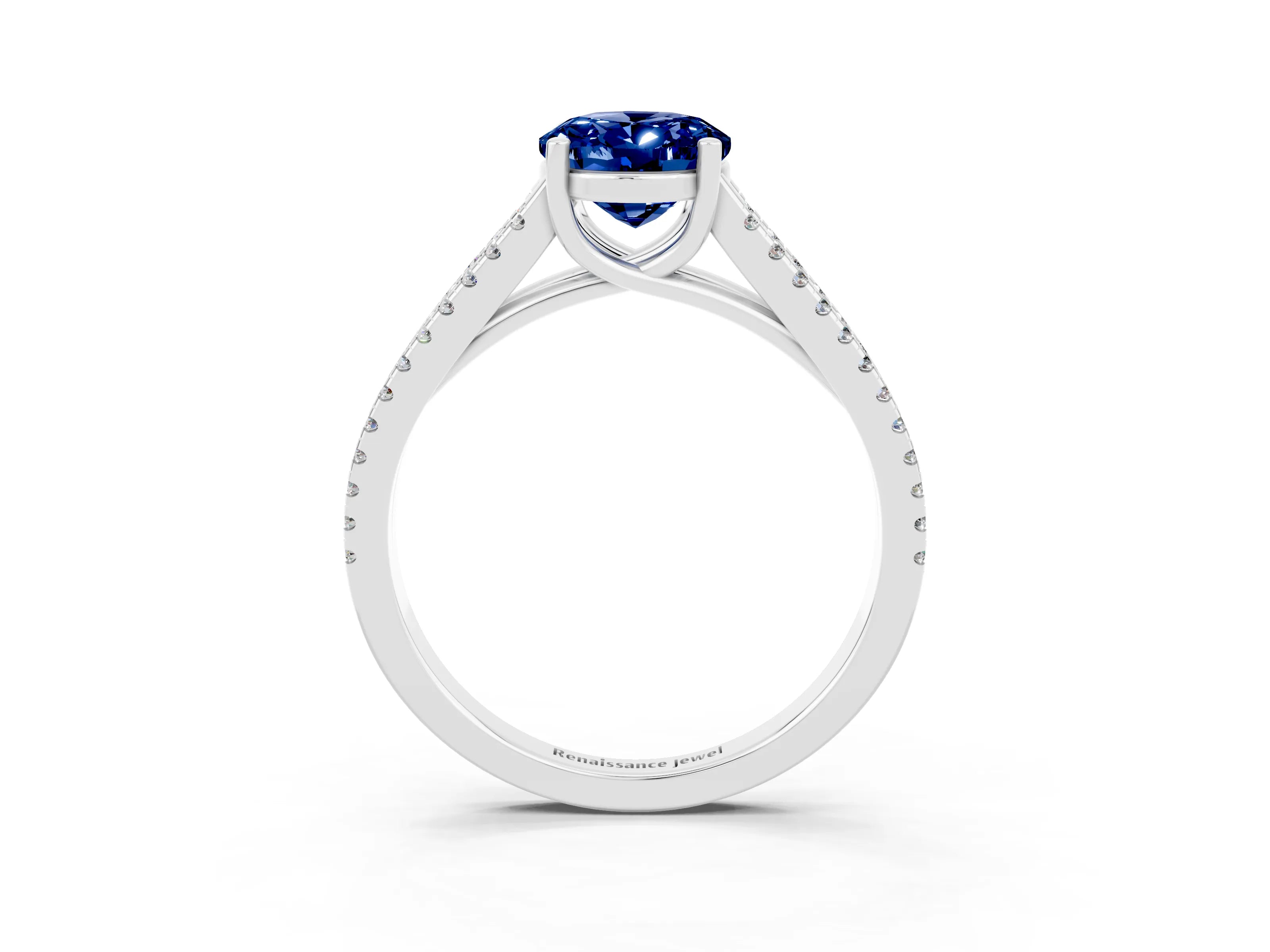 White gold Oval Cut Blue Sapphire Solitaire Engagement Ring with Split Shank Pavé Band_3