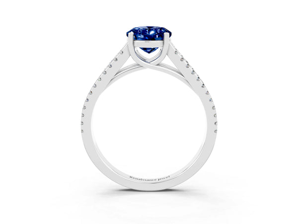 White gold Oval Cut Blue Sapphire Solitaire Engagement Ring with Split Shank Pavé Band