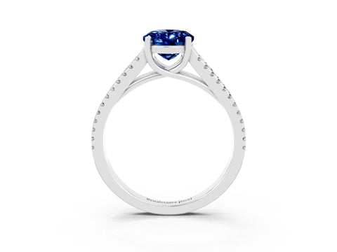 White gold Oval Cut Blue Sapphire Solitaire Engagement Ring with Split Shank Pavé Band_3