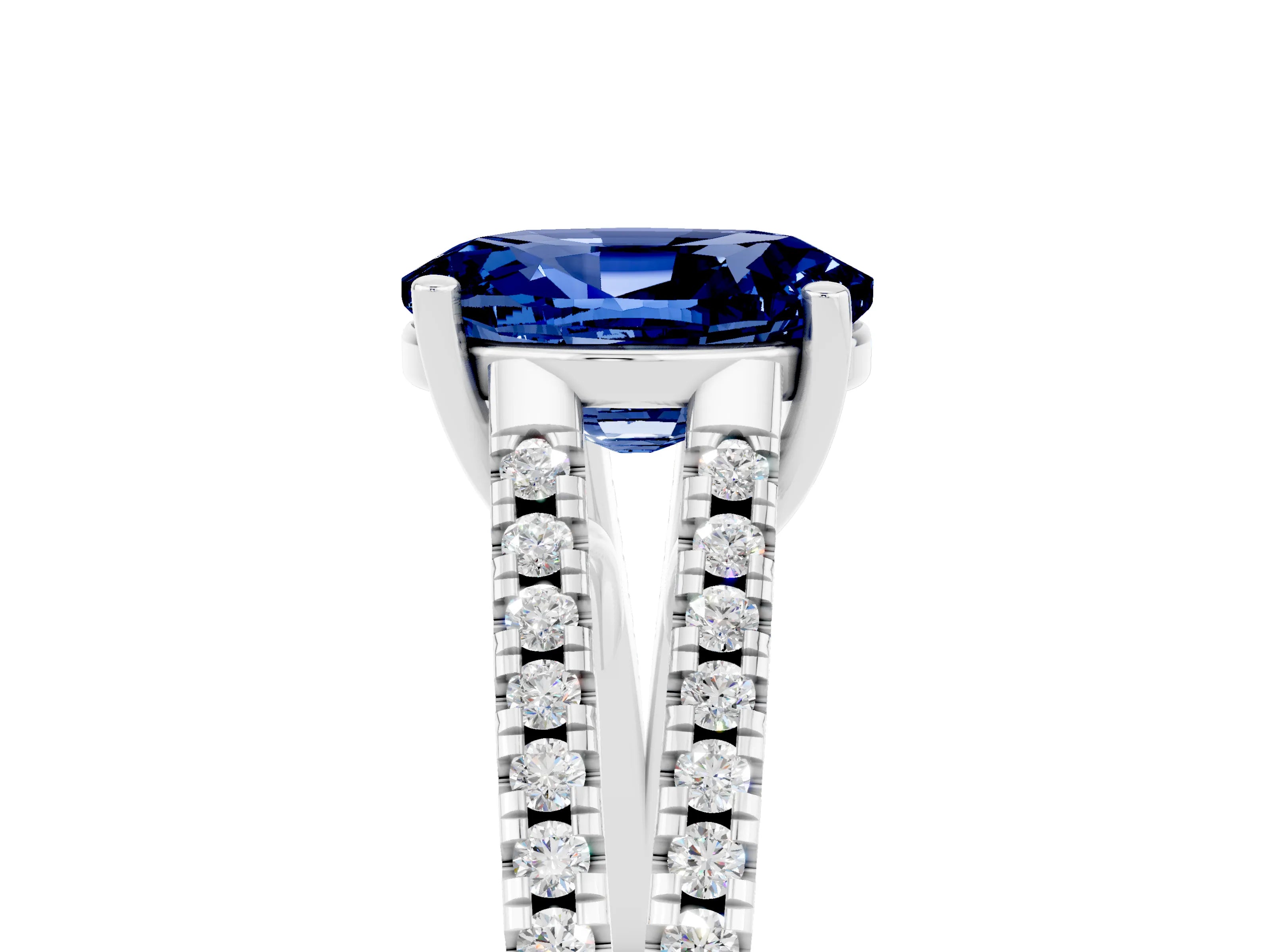 White gold Oval Cut Blue Sapphire Solitaire Engagement Ring with Split Shank Pavé Band_5