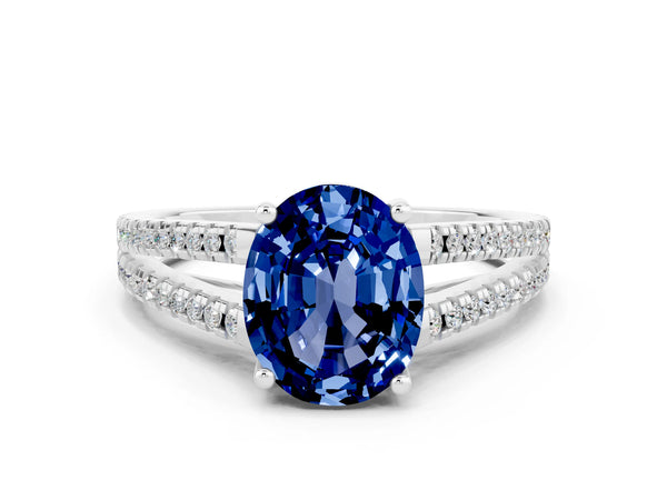 White gold Oval Cut Blue Sapphire Solitaire Engagement Ring with Split Shank Pavé Band