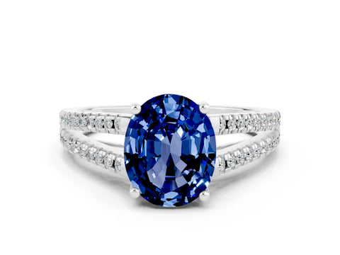 White gold Oval Cut Blue Sapphire Solitaire Engagement Ring with Split Shank Pavé Band