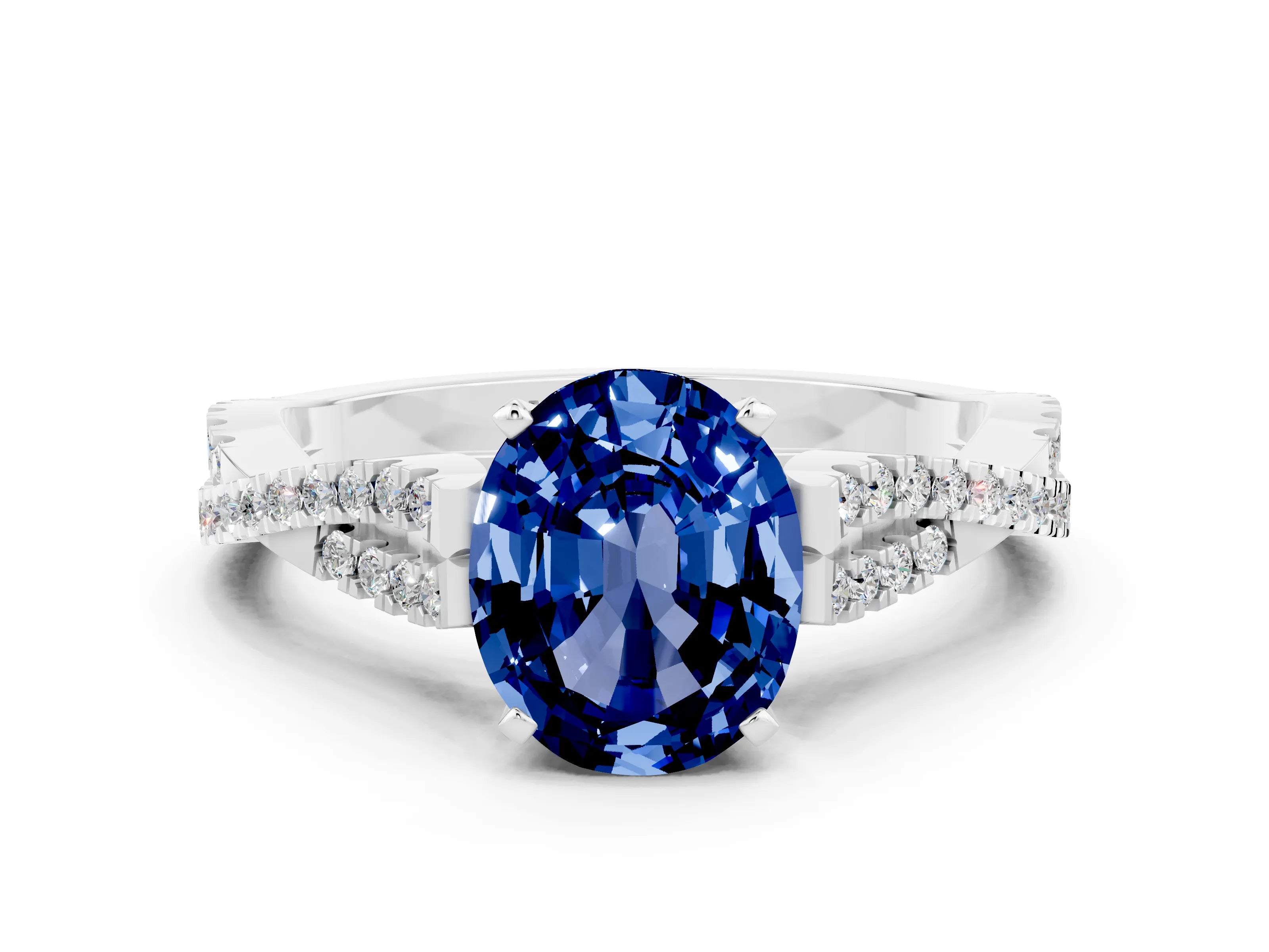 White gold Oval Cut Blue Sapphire Solitaire Engagement Ring with Twisted Pavé Band and Four-Prong Setting