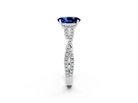 White gold Oval Cut Blue Sapphire Solitaire Engagement Ring with Twisted Pavé Band and Four-Prong Setting_2