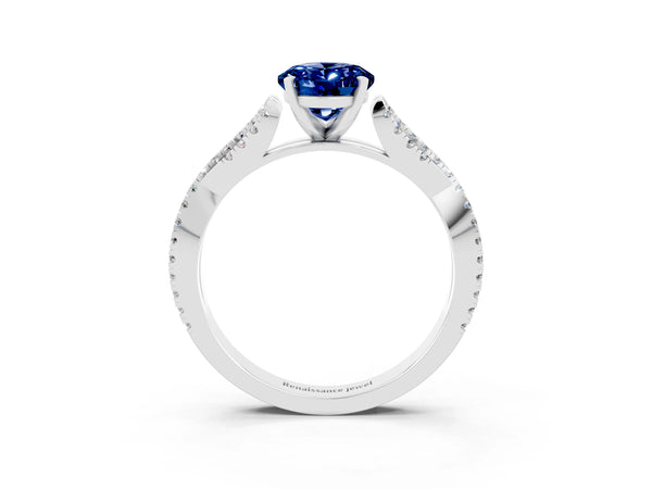 White gold Oval Cut Blue Sapphire Solitaire Engagement Ring with Twisted Pavé Band and Four-Prong Setting