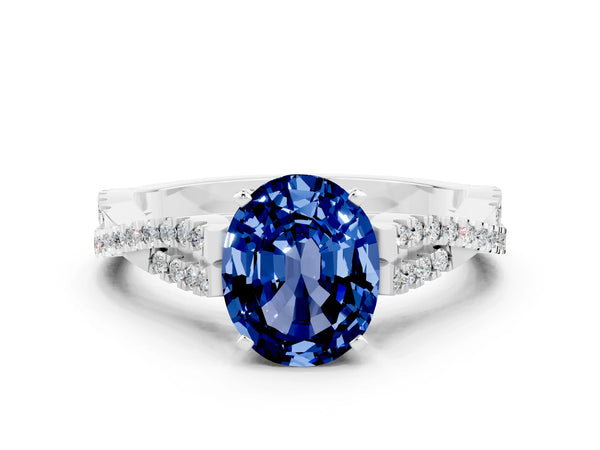 White gold Oval Cut Blue Sapphire Solitaire Engagement Ring with Twisted Pavé Band and Four-Prong Setting