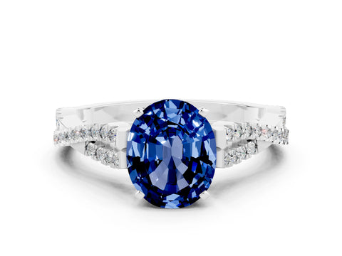 White gold Oval Cut Blue Sapphire Solitaire Engagement Ring with Twisted Pavé Band and Four-Prong Setting