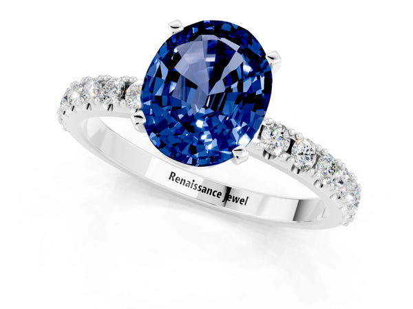 Platinum Oval Cut Blue Sapphire Solitaire Pavé Band with Four-Prong Setting