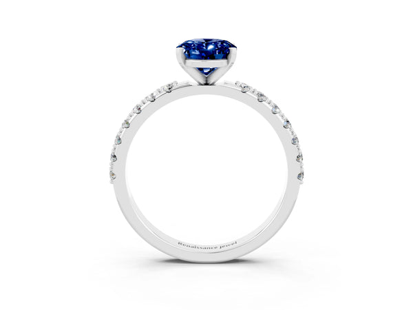 Platinum Oval Cut Blue Sapphire Solitaire Pavé Band with Four-Prong Setting
