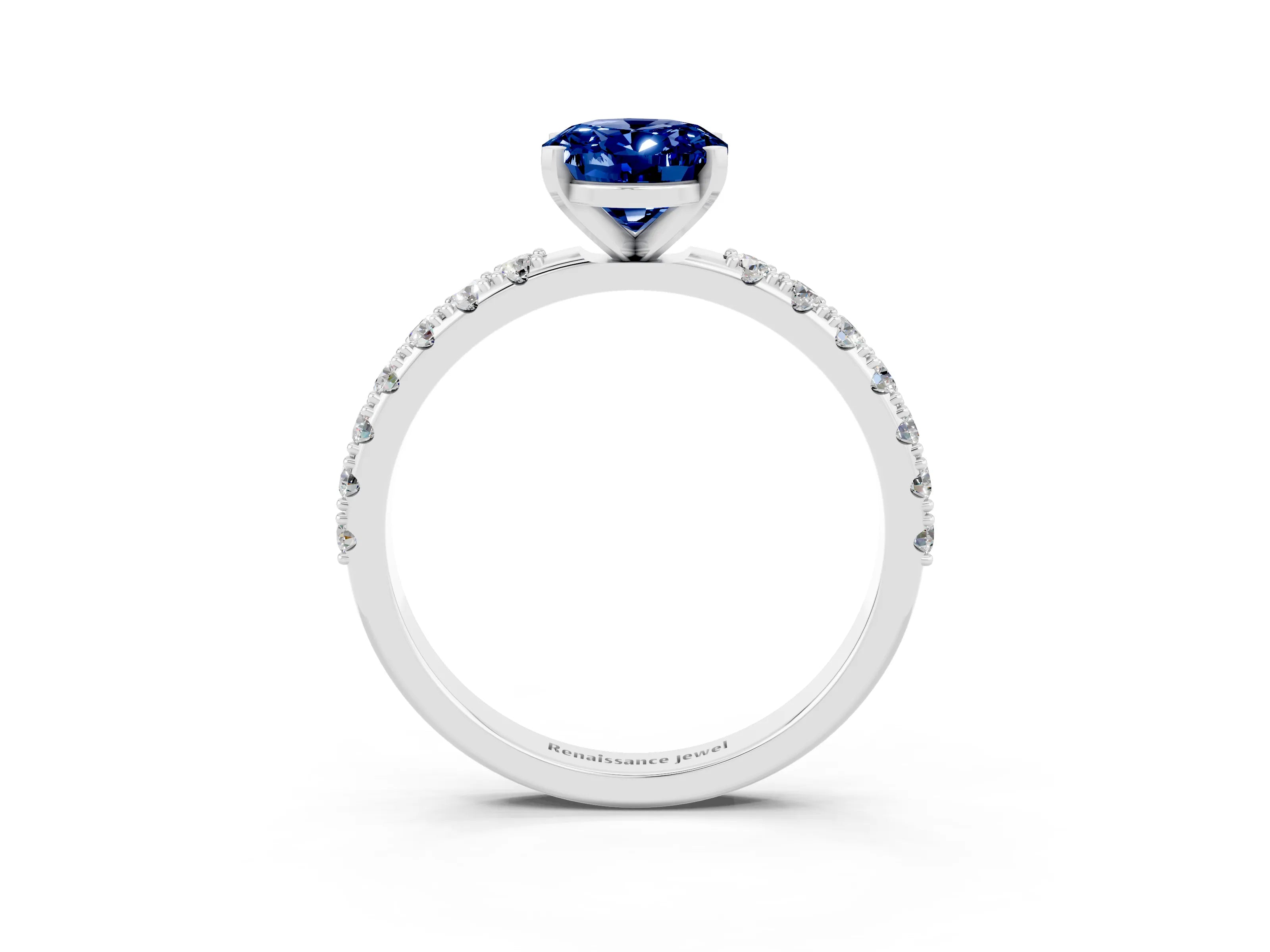 White gold Oval Cut Blue Sapphire Solitaire Pavé Band with Four-Prong Setting_3