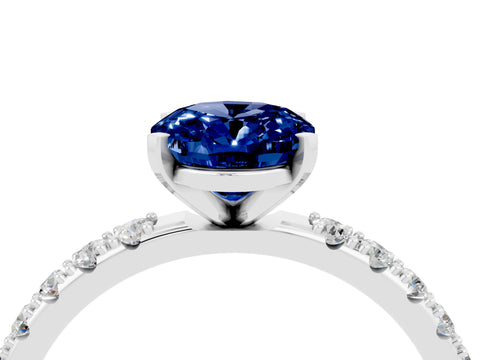 White gold Oval Cut Blue Sapphire Solitaire Pavé Band with Four-Prong Setting_4