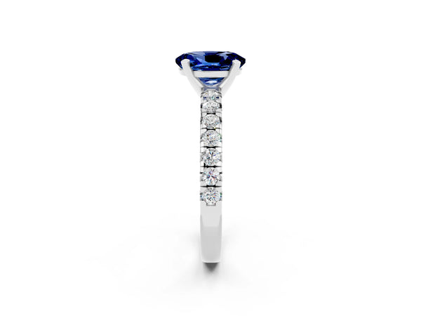 White gold Oval Cut Blue Sapphire Solitaire Pavé Engagement Ring with Round Band and Prong Setting