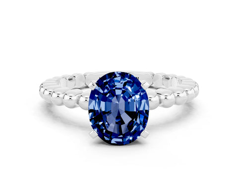 White gold Oval Cut Blue Sapphire Solitaire Ring with Beaded Band and Prong Setting_12