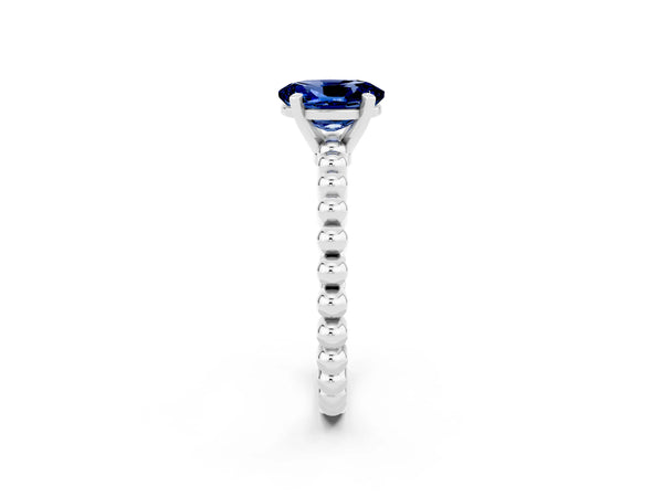 White gold Oval Cut Blue Sapphire Solitaire Ring with Beaded Band and Prong Setting