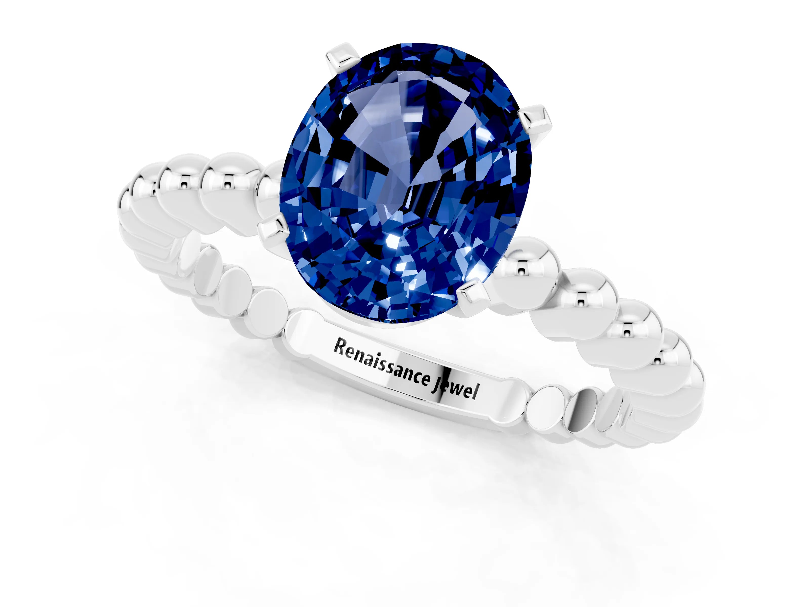 White gold Oval Cut Blue Sapphire Solitaire Ring with Beaded Band and Prong Setting_1