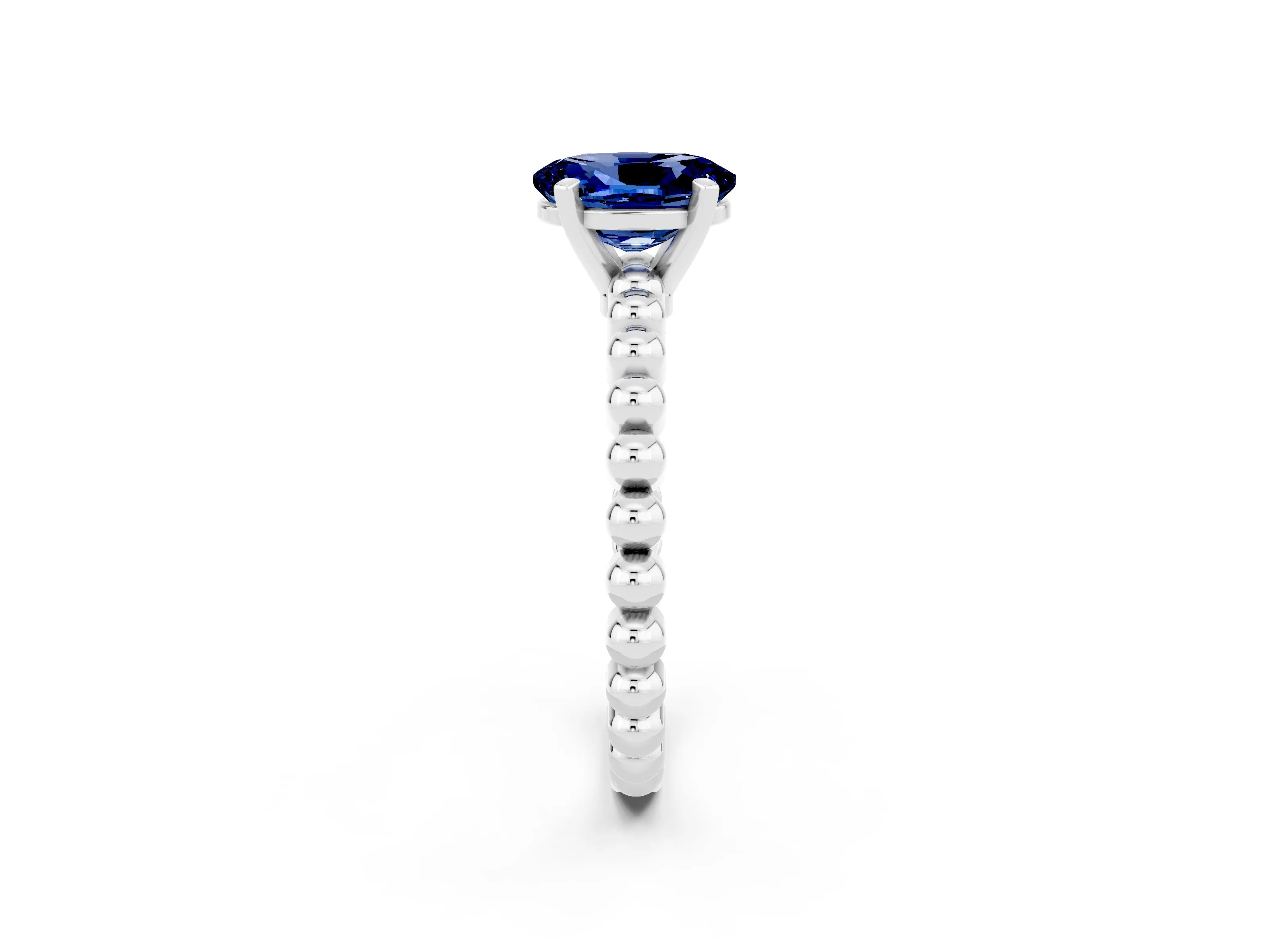 White gold Oval Cut Blue Sapphire Solitaire Ring with Beaded Band and Prong Setting_2