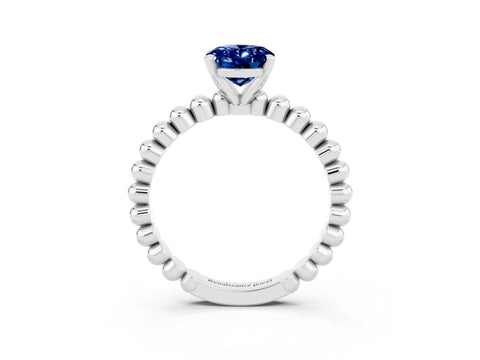 White gold Oval Cut Blue Sapphire Solitaire Ring with Beaded Band and Prong Setting_3