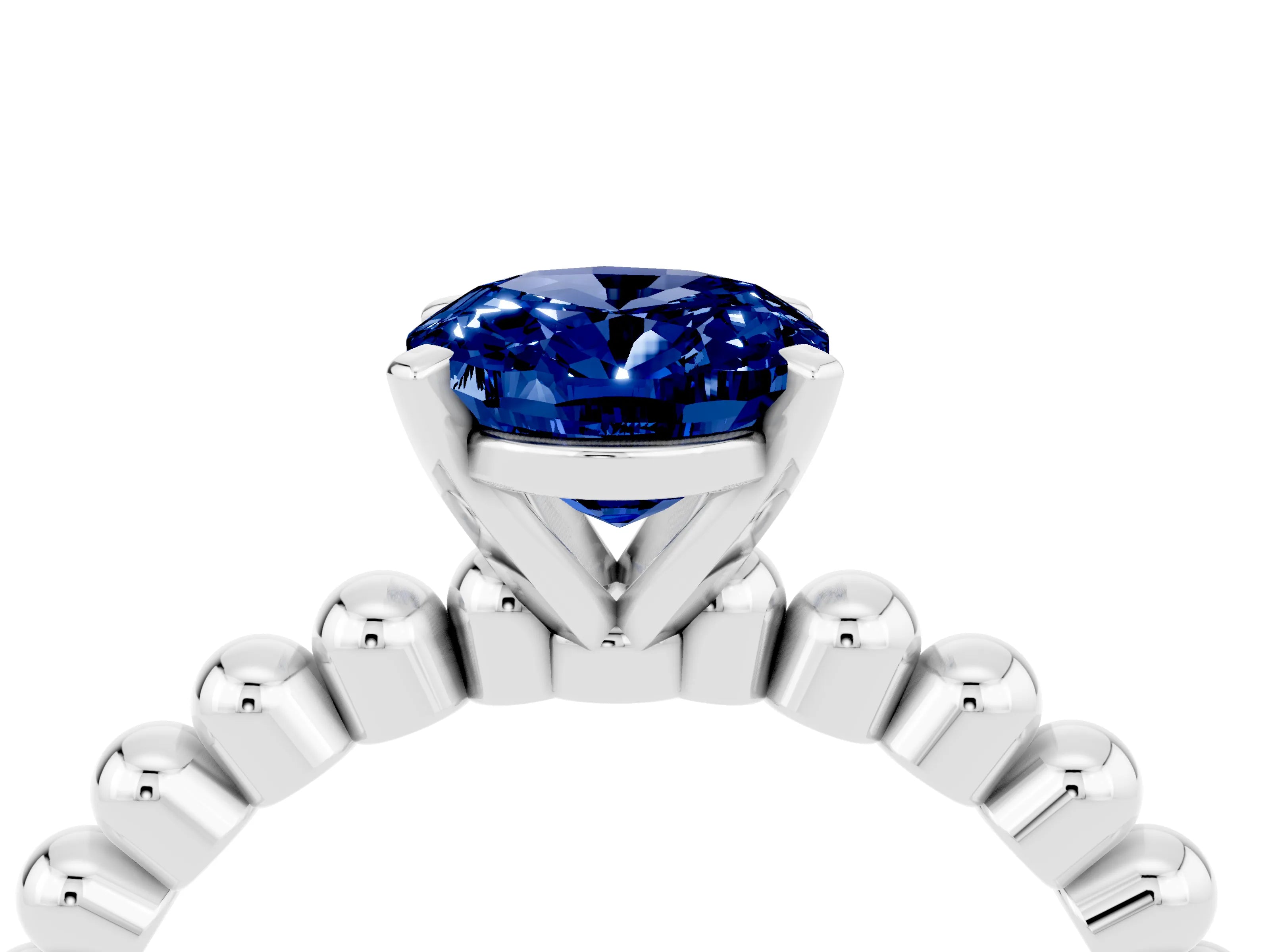 White gold Oval Cut Blue Sapphire Solitaire Ring with Beaded Band and Prong Setting_4
