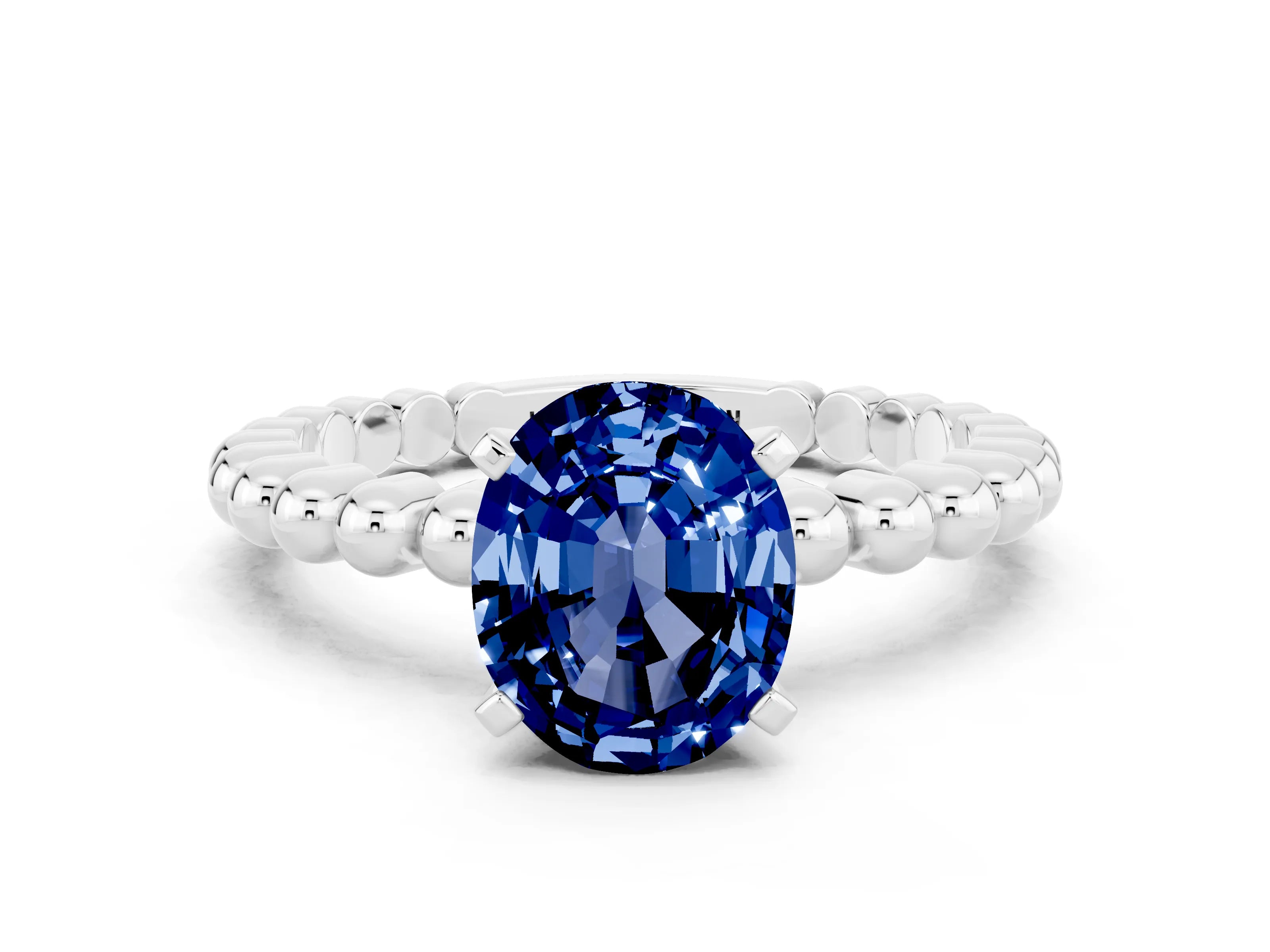 White gold Oval Cut Blue Sapphire Solitaire Ring with Beaded Band and Prong Setting