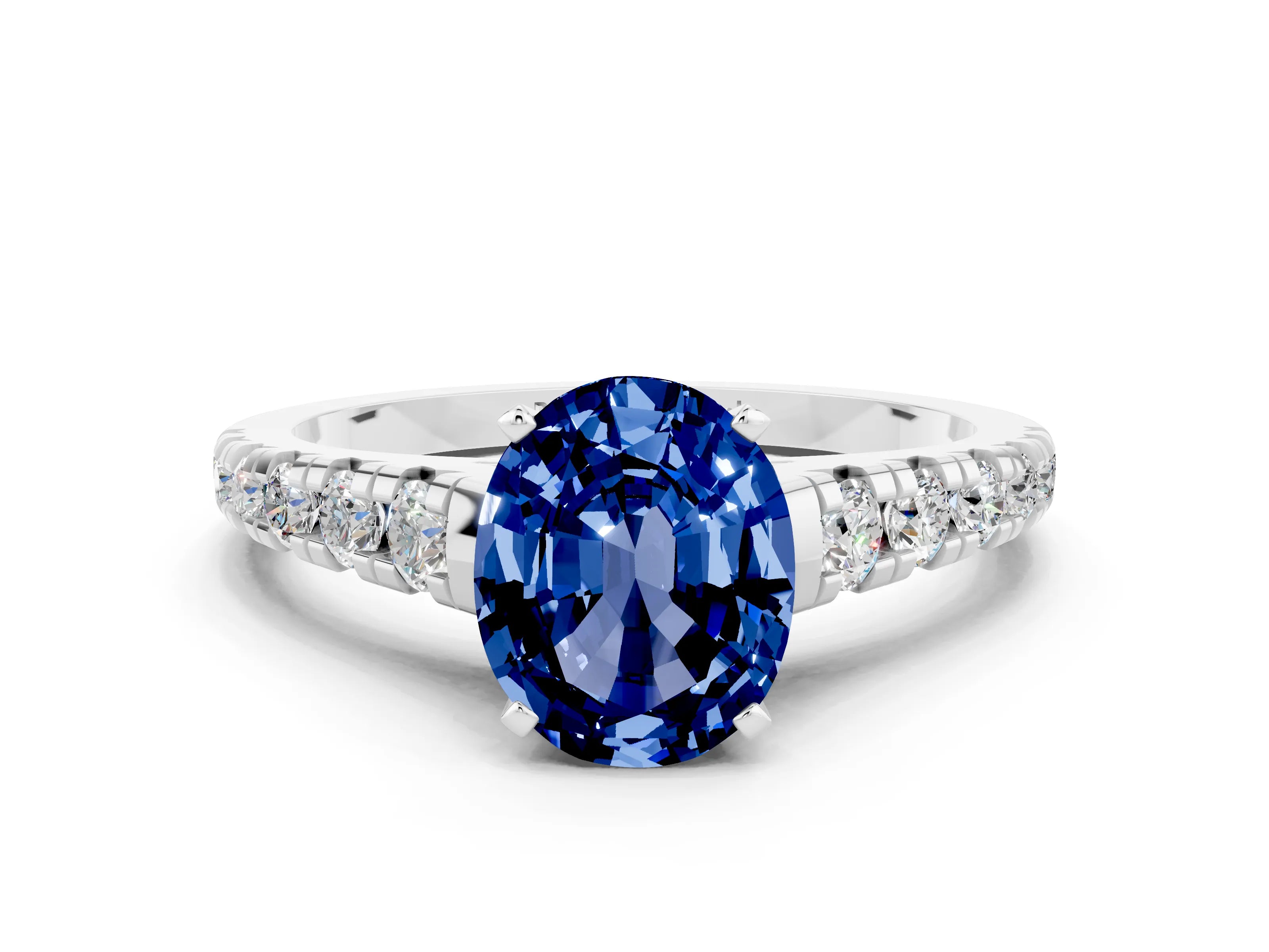 White gold Oval Cut Blue Sapphire Solitaire Ring with Cathedral Setting and Pavé Band