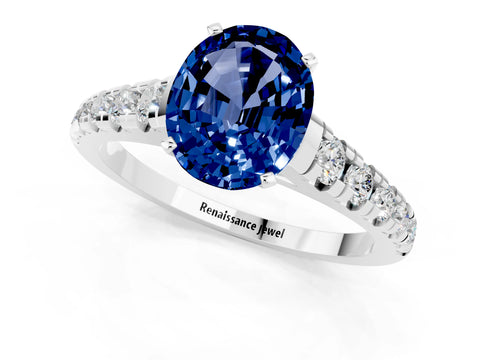 White gold Oval Cut Blue Sapphire Solitaire Ring with Cathedral Setting and Pavé Band_1