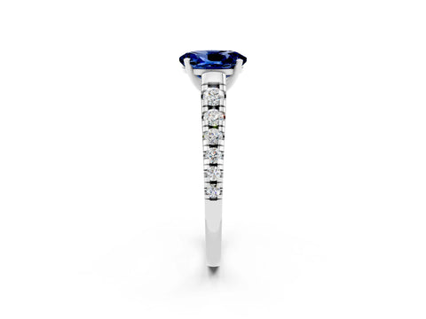 White gold Oval Cut Blue Sapphire Solitaire Ring with Cathedral Setting and Pavé Band_2