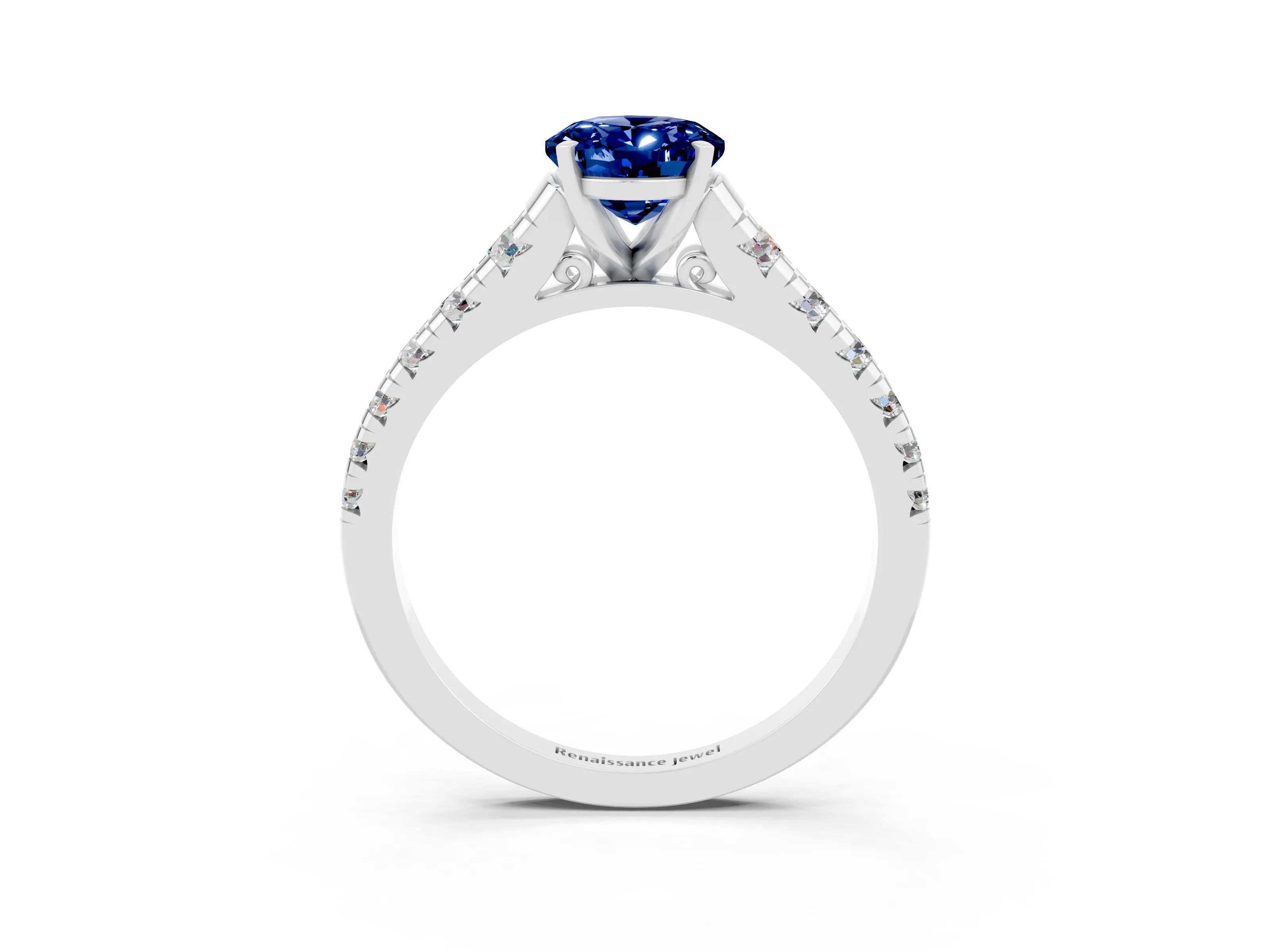 White gold Oval Cut Blue Sapphire Solitaire Ring with Cathedral Setting and Pavé Band_3