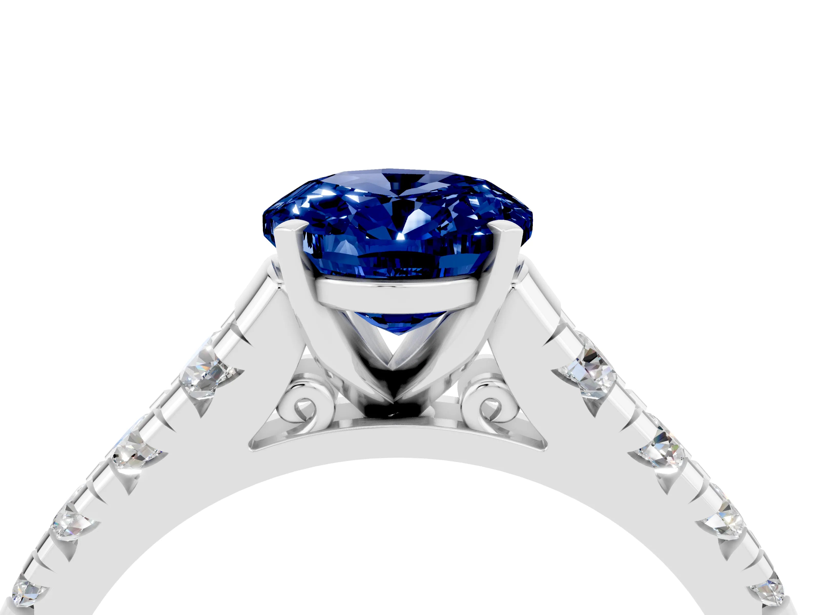 White gold Oval Cut Blue Sapphire Solitaire Ring with Cathedral Setting and Pavé Band_4