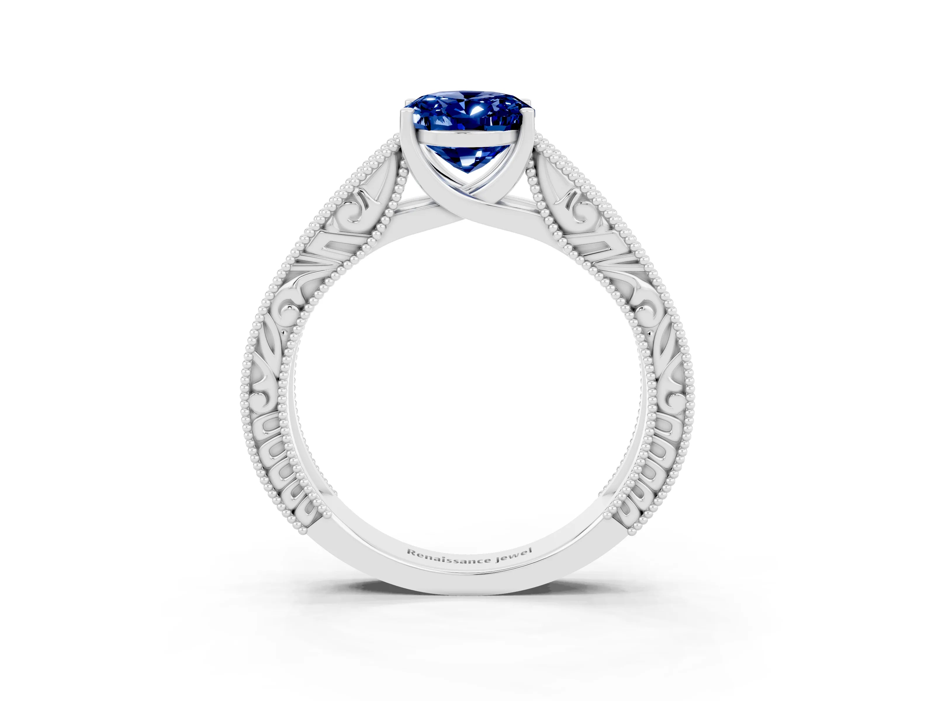 White gold Oval Cut Blue Sapphire Solitaire Ring with Engraved Band and Four-Prong Setting_3