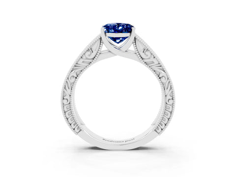 White gold Oval Cut Blue Sapphire Solitaire Ring with Engraved Band and Four-Prong Setting_3