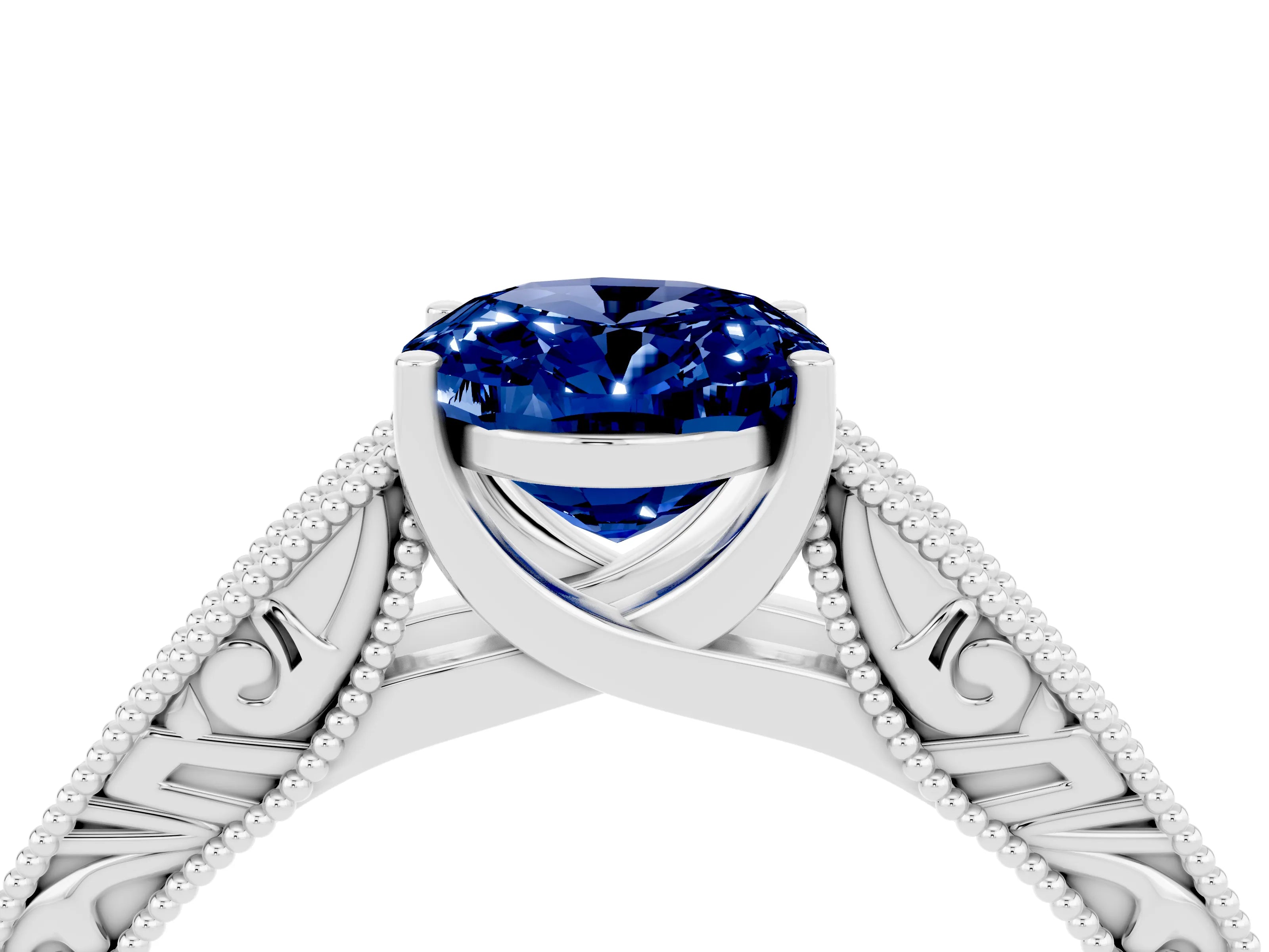 White gold Oval Cut Blue Sapphire Solitaire Ring with Engraved Band and Four-Prong Setting_4