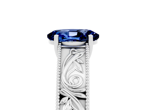 White gold Oval Cut Blue Sapphire Solitaire Ring with Engraved Band and Four-Prong Setting_5