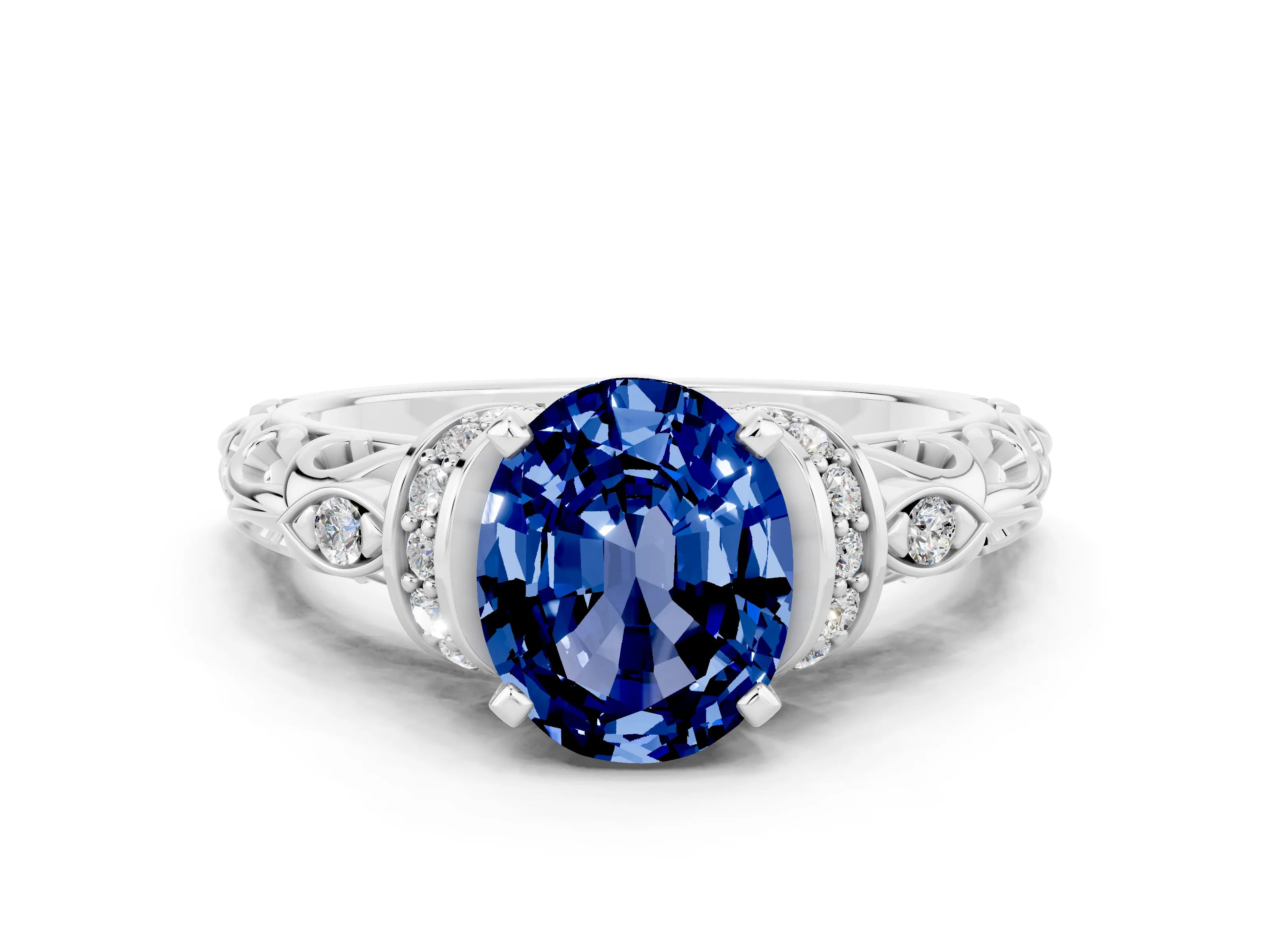 White gold Oval Cut Blue Sapphire Solitaire Ring with Filigree Band and Four-Prong Setting_24