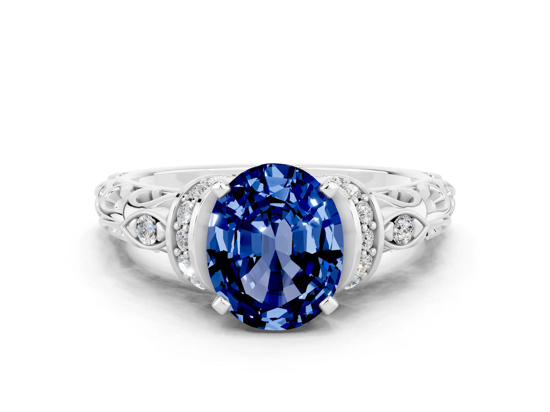 White gold Oval Cut Blue Sapphire Solitaire Ring with Filigree Band and Four-Prong Setting_24