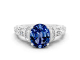 White gold Oval Cut Blue Sapphire Solitaire Ring with Filigree Band and Four-Prong Setting_24