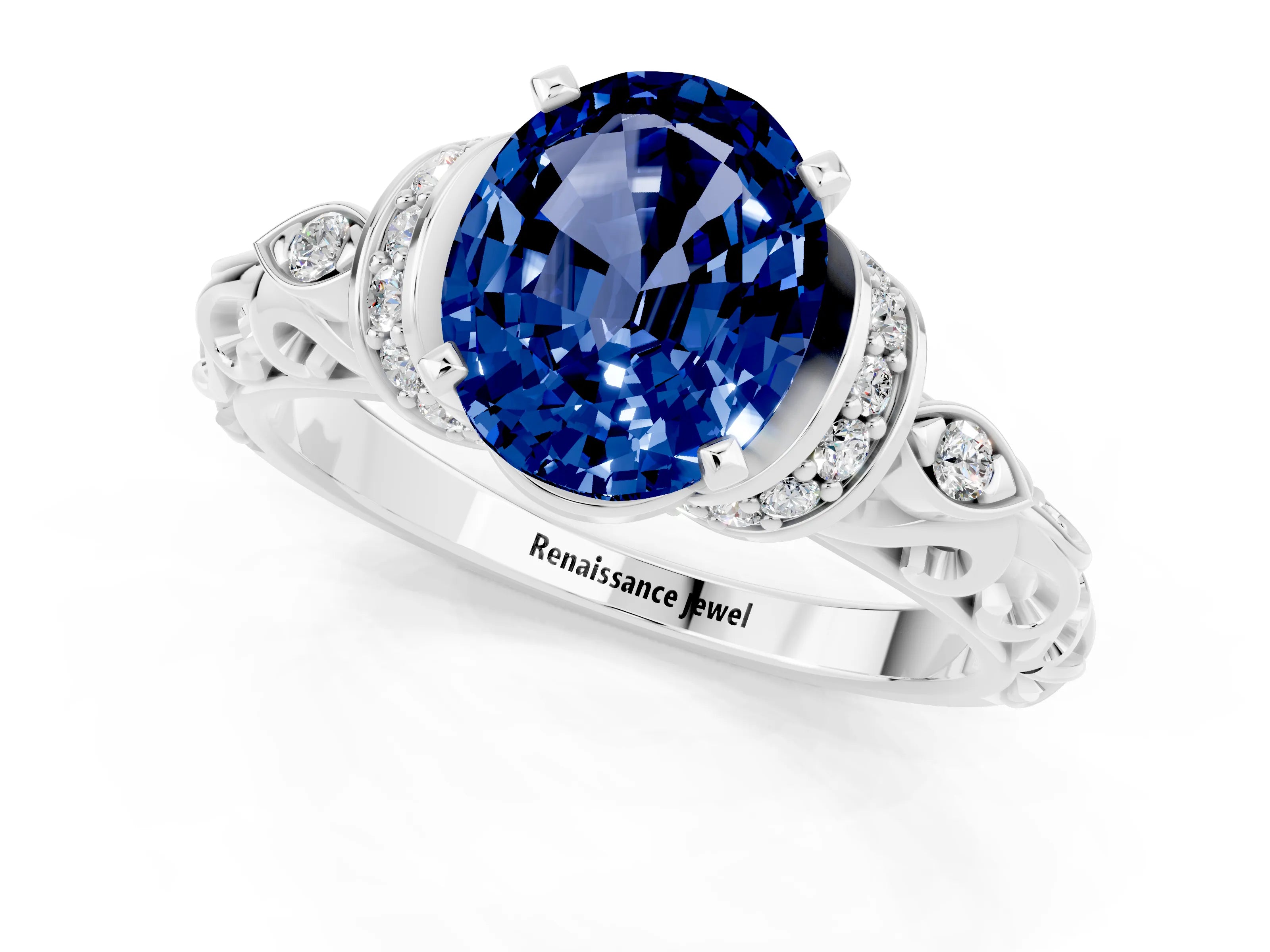White gold Oval Cut Blue Sapphire Solitaire Ring with Filigree Band and Four-Prong Setting_25