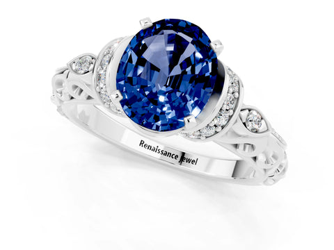 White gold Oval Cut Blue Sapphire Solitaire Ring with Filigree Band and Four-Prong Setting_25
