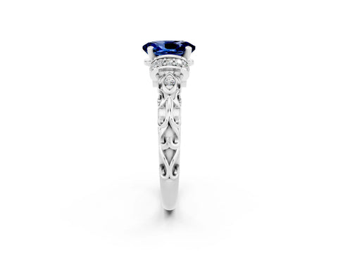 White gold Oval Cut Blue Sapphire Solitaire Ring with Filigree Band and Four-Prong Setting_26