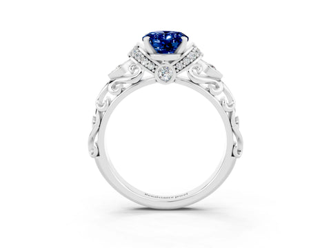White gold Oval Cut Blue Sapphire Solitaire Ring with Filigree Band and Four-Prong Setting_27