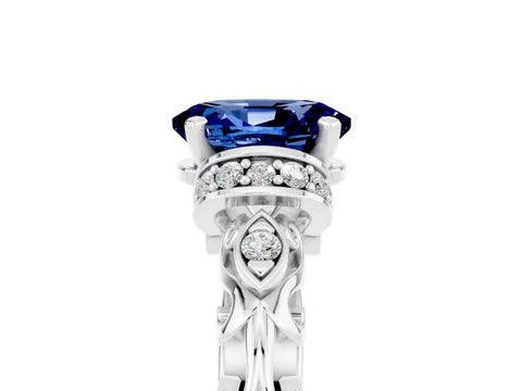 White gold Oval Cut Blue Sapphire Solitaire Ring with Filigree Band and Four-Prong Setting_29