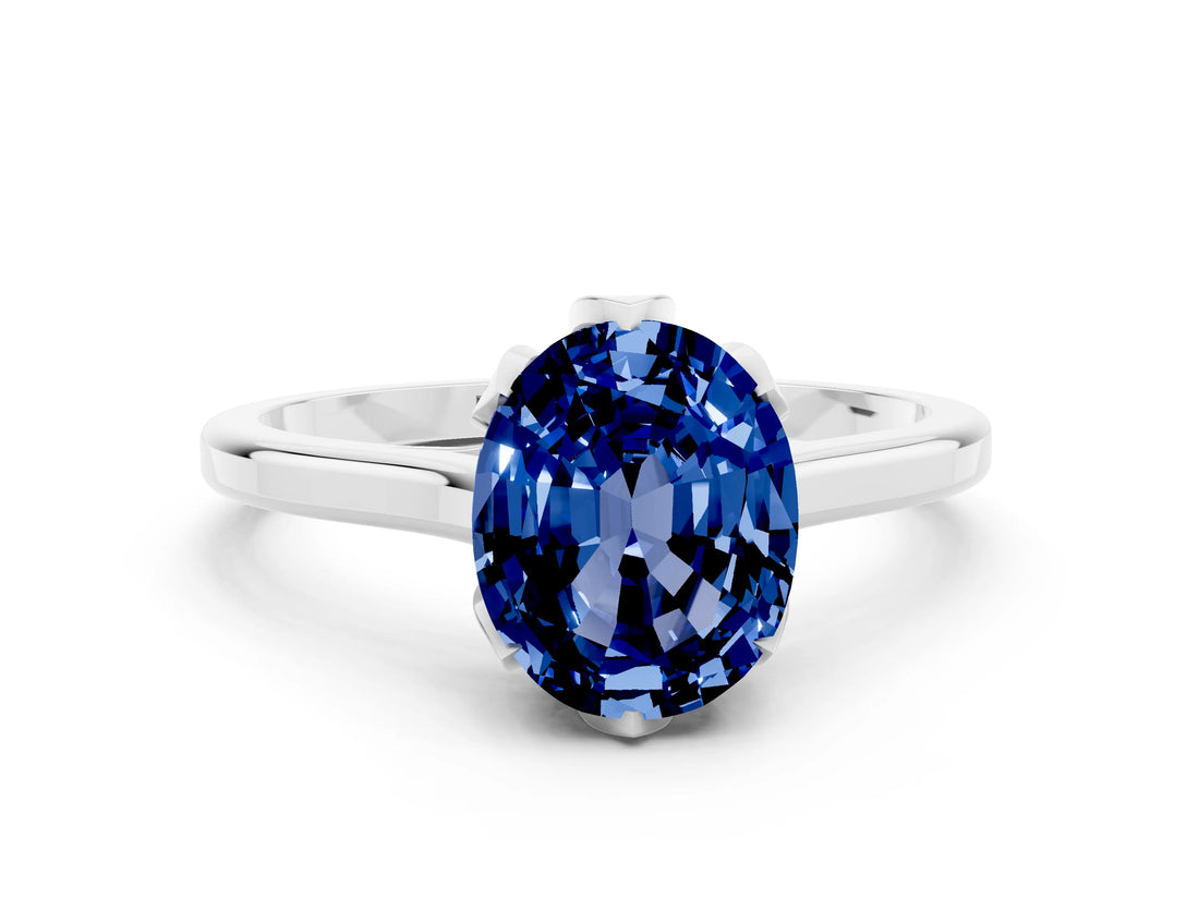 White gold Oval Cut Blue Sapphire Solitaire Ring with Flower Prong Setting and Classic Band_12
