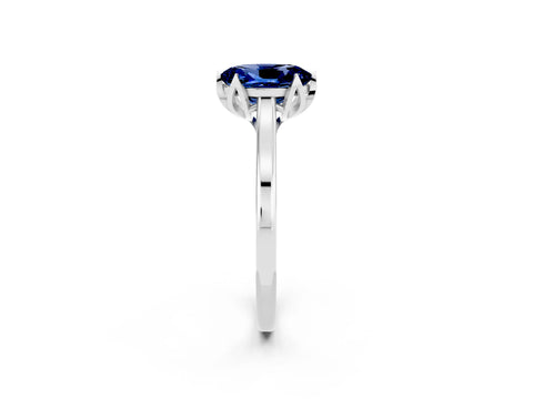 White gold Oval Cut Blue Sapphire Solitaire Ring with Flower Prong Setting and Classic Band_26