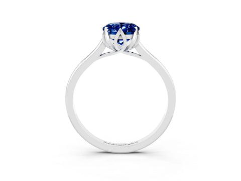 White gold Oval Cut Blue Sapphire Solitaire Ring with Flower Prong Setting and Classic Band_27
