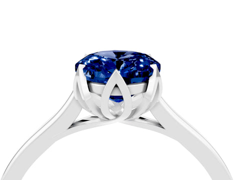 White gold Oval Cut Blue Sapphire Solitaire Ring with Flower Prong Setting and Classic Band_28