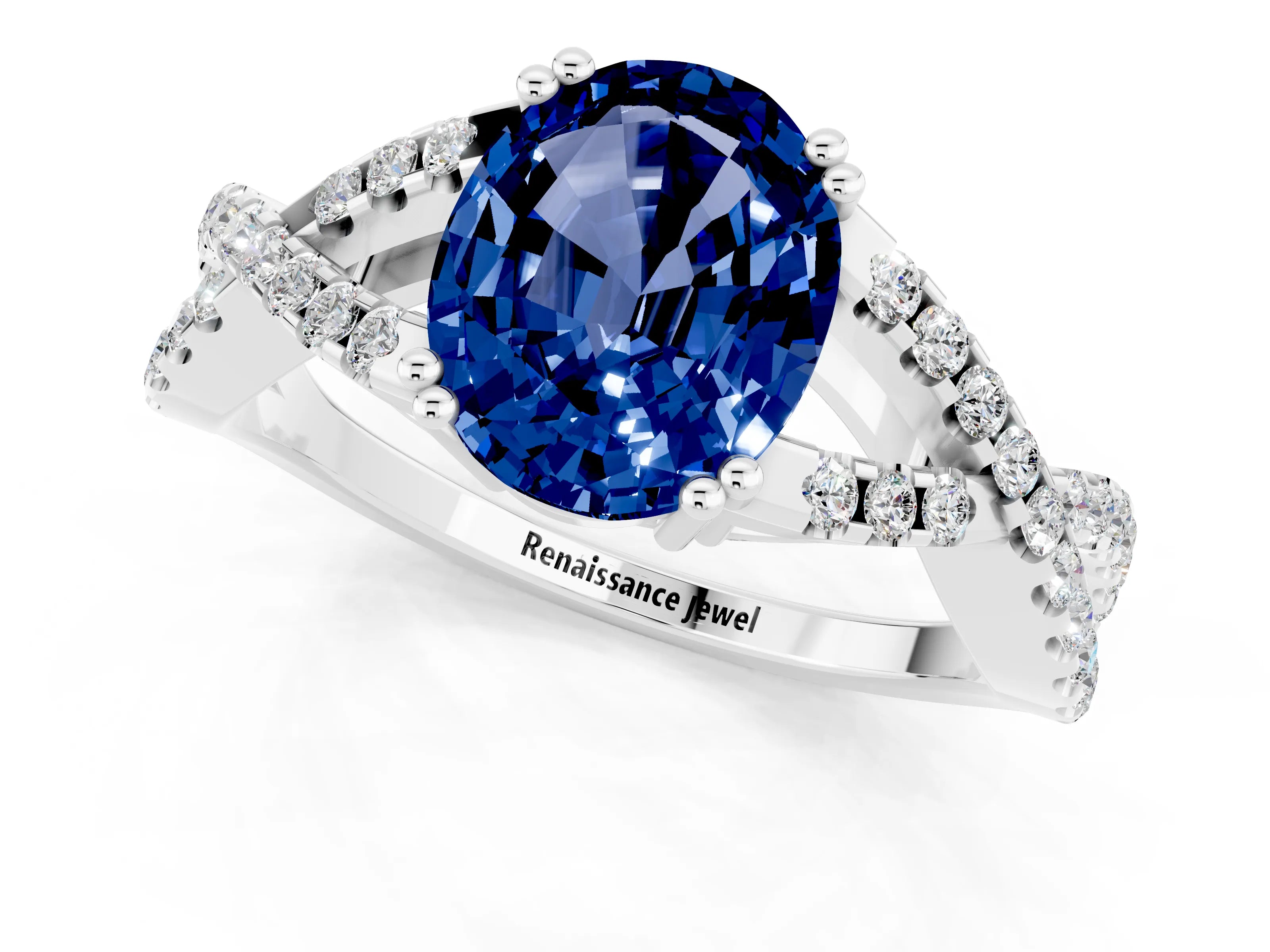White gold Oval Cut Blue Sapphire Solitaire Ring with Four-Prong Setting and Twisted Pavé Band_1