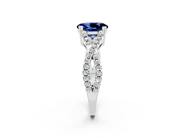 Platinum Oval Cut Blue Sapphire Solitaire Ring with Four-Prong Setting and Twisted Pavé Band