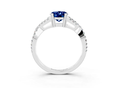 White gold Oval Cut Blue Sapphire Solitaire Ring with Four-Prong Setting and Twisted Pavé Band_3