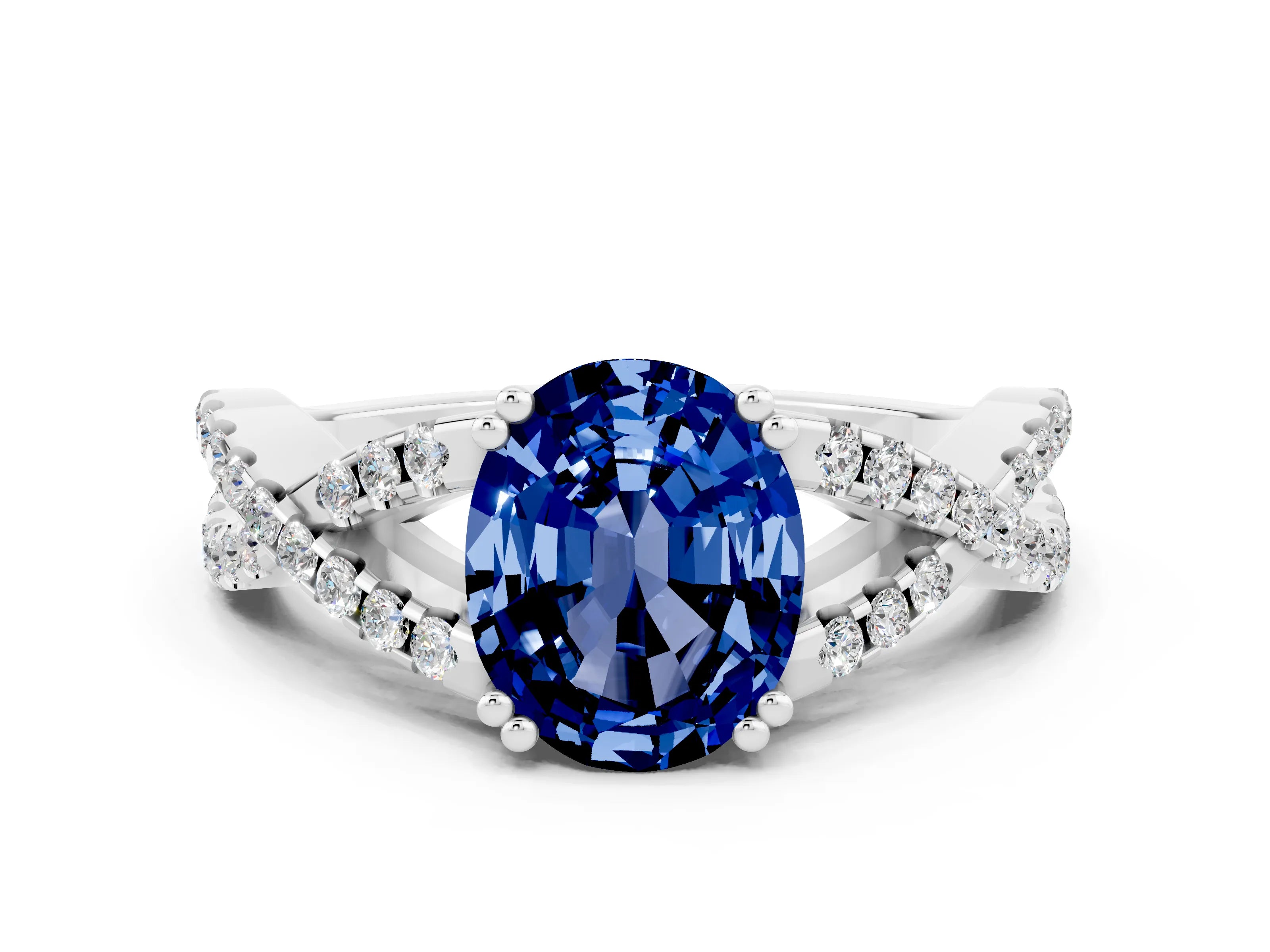 White gold Oval Cut Blue Sapphire Solitaire Ring with Four-Prong Setting and Twisted Pavé Band