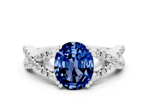 White gold Oval Cut Blue Sapphire Solitaire Ring with Four-Prong Setting and Twisted Pavé Band