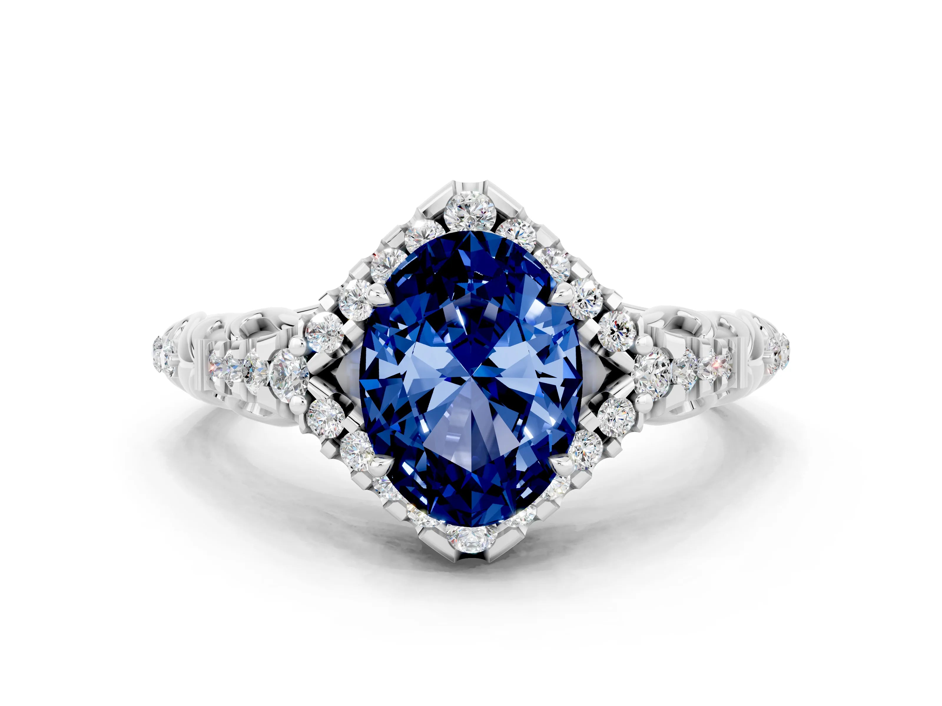 White gold Oval Cut Blue Sapphire Solitaire Ring with Hidden Halo and Pavé Band_12